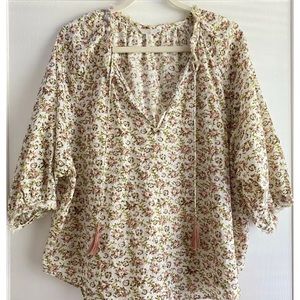 Voloshin Boho Floral 100% Cotton Tassel Peasant Poplin Blouse Top Size M L